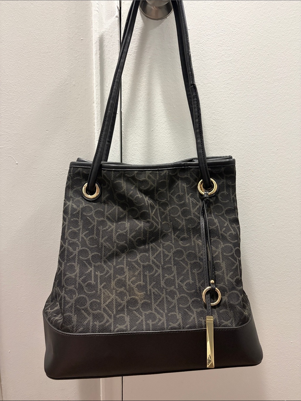 Calvin Klein Black/Gray Monogram Tote with Gold Hardware